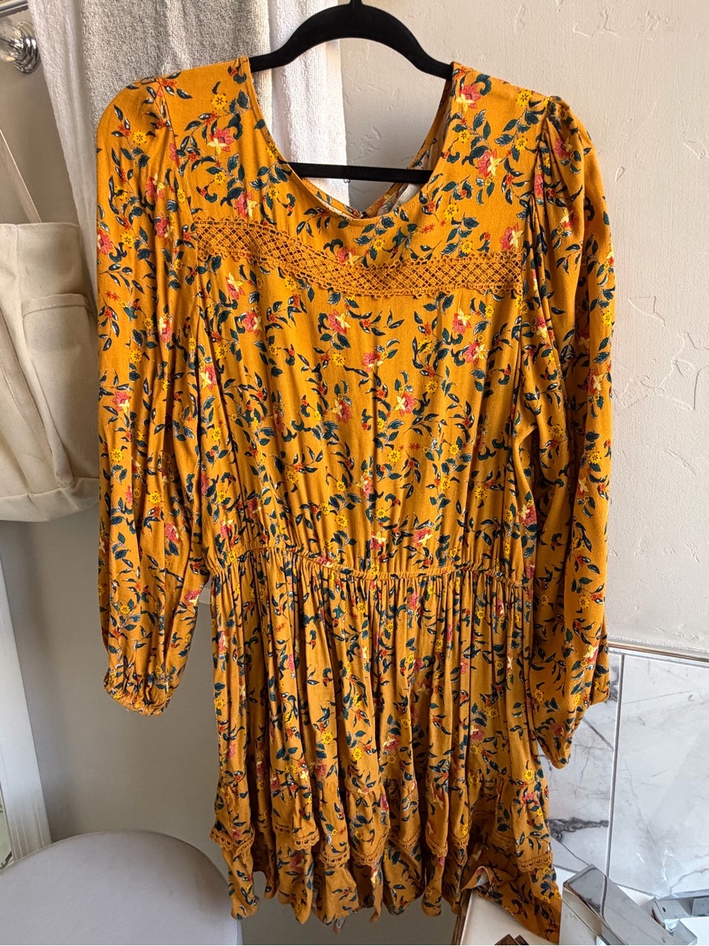 Macy's Mustard Floral Long-Sleeve Smocked Dress